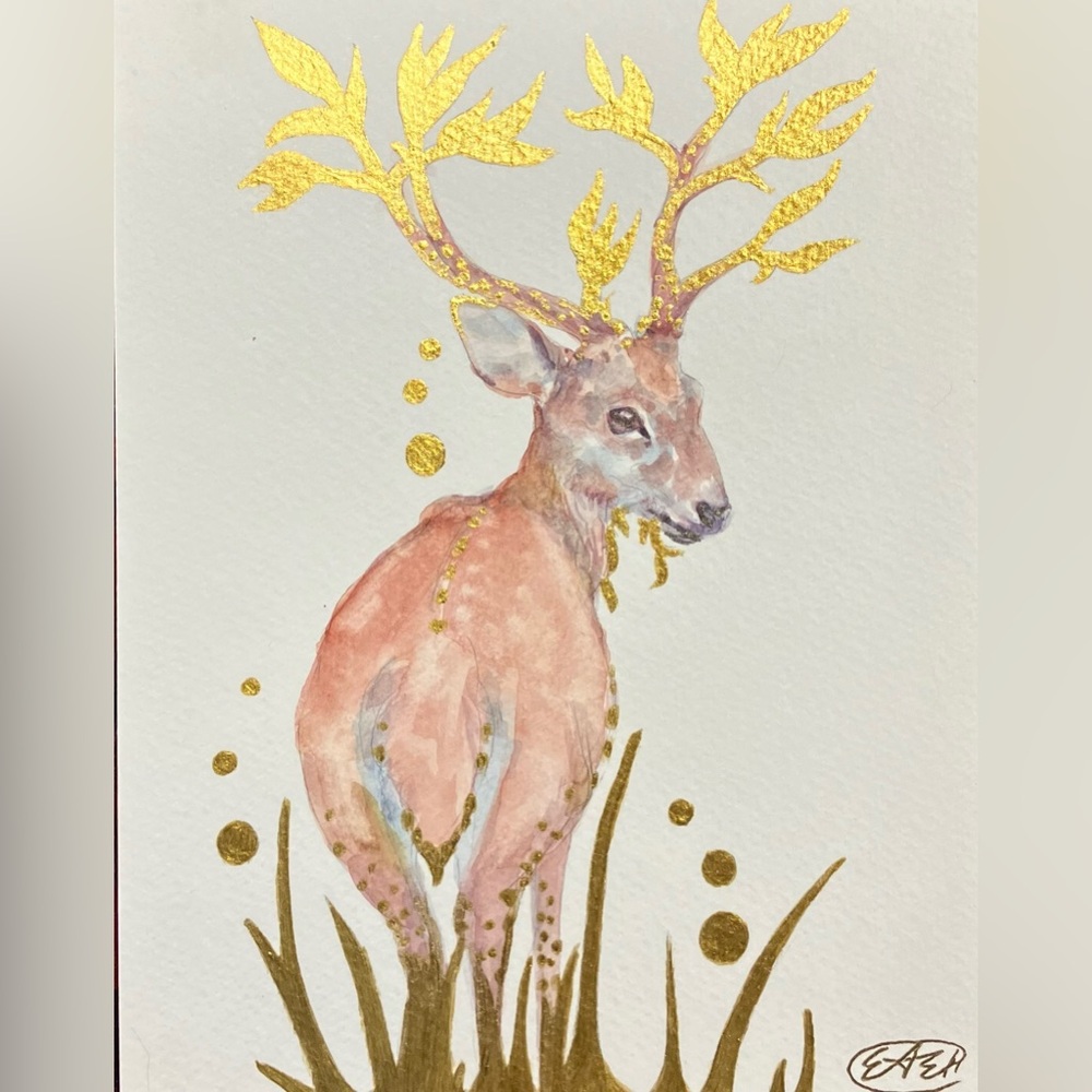 Deer Original buck painting gold art accents surreal nouveau animals nature EAEH
